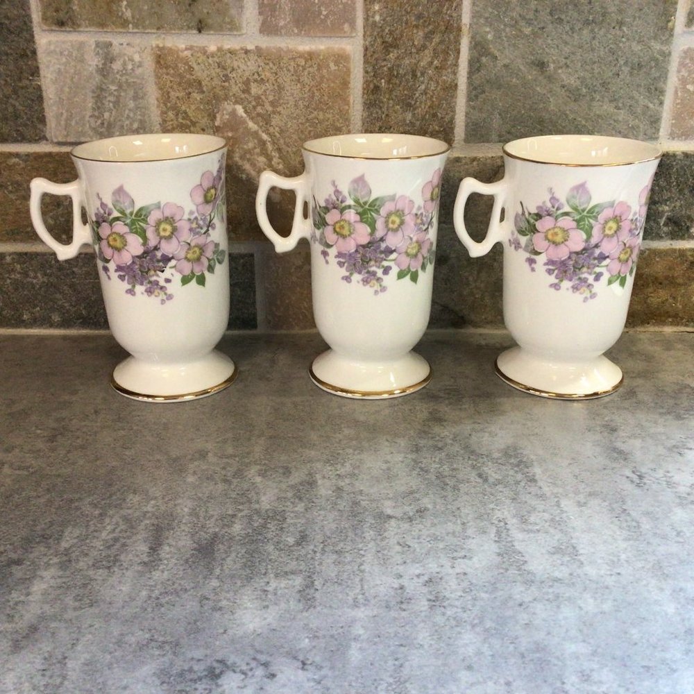 Set of Three Royal Tara Bone China Purple Floral  Coffee Mugs
